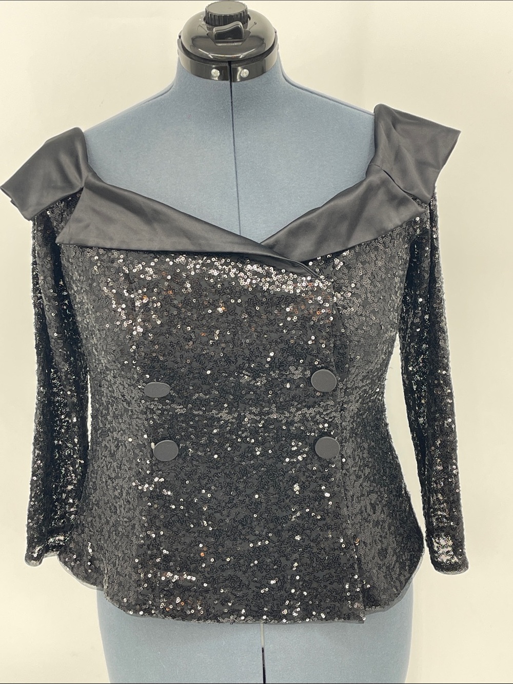 Adrianna Papell Black Sequin Off-Shoulder Double-Breasted Top WOMENS SIZE 10